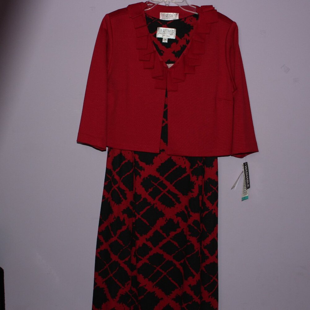 Julian Taylor 2-Piece Red & Black Dress with 3/4 Length Sleeve Sweater Size 16